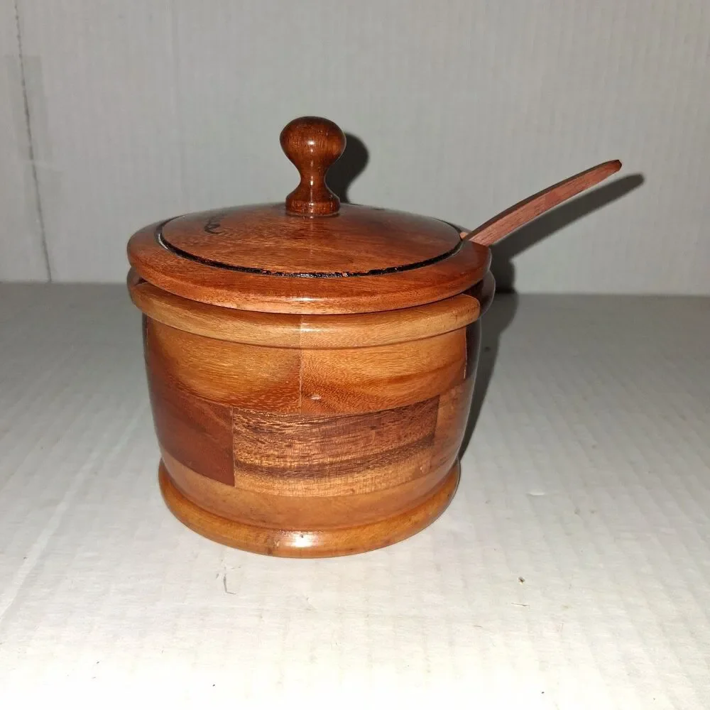 vintage handcrafted brick/patchwork wooden lidded sugar or honey pot Nicaragua